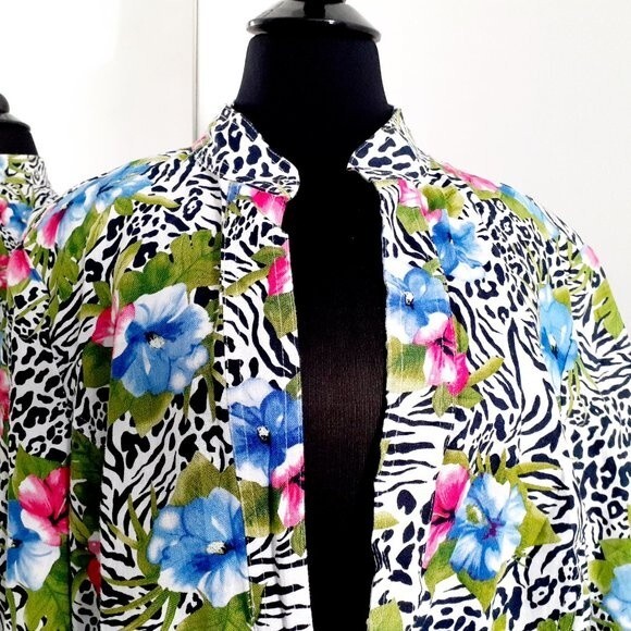 Choices  100% Linen Open Front Floral B&W Zebra Stripes Sleeve Women's Blazer 2X - Picture 4 of 11